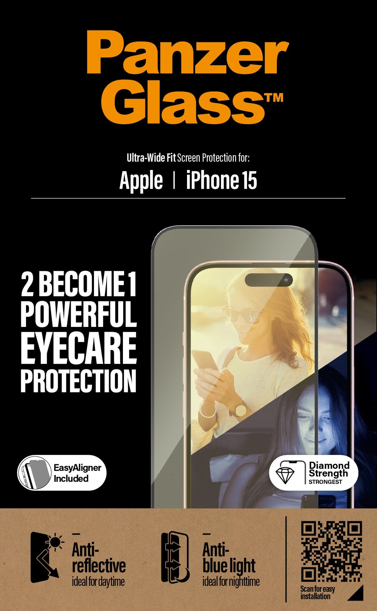 PanzerGlass® Eyecare Skærmbeskyttelse iPhone 15 | Ultra-Wide Fit m. EasyAligner